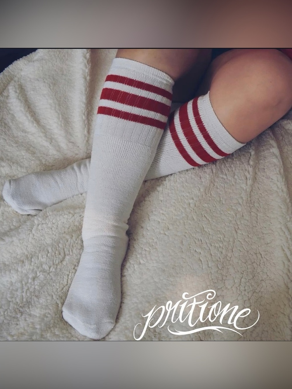 White Knee-High Socks with Red Stripes